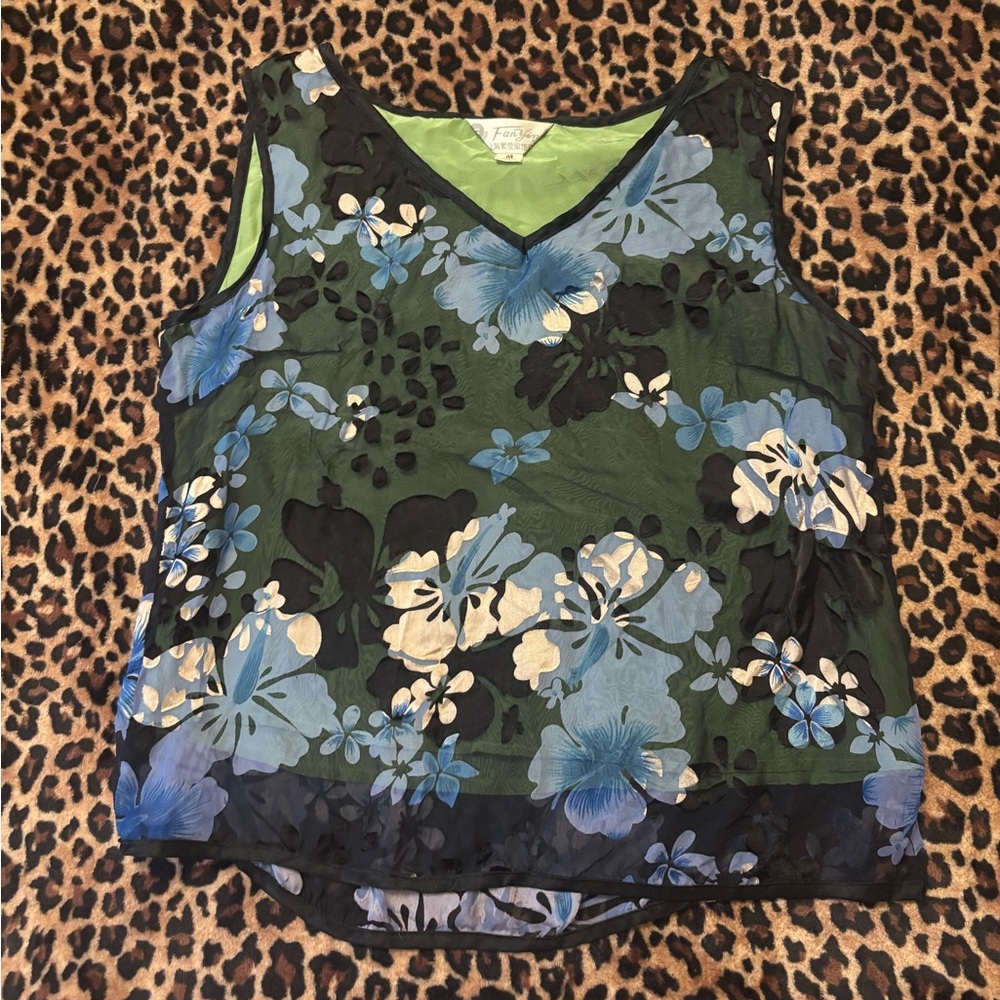 Blue Floral Sleeveless Tank Top with V-Neckline